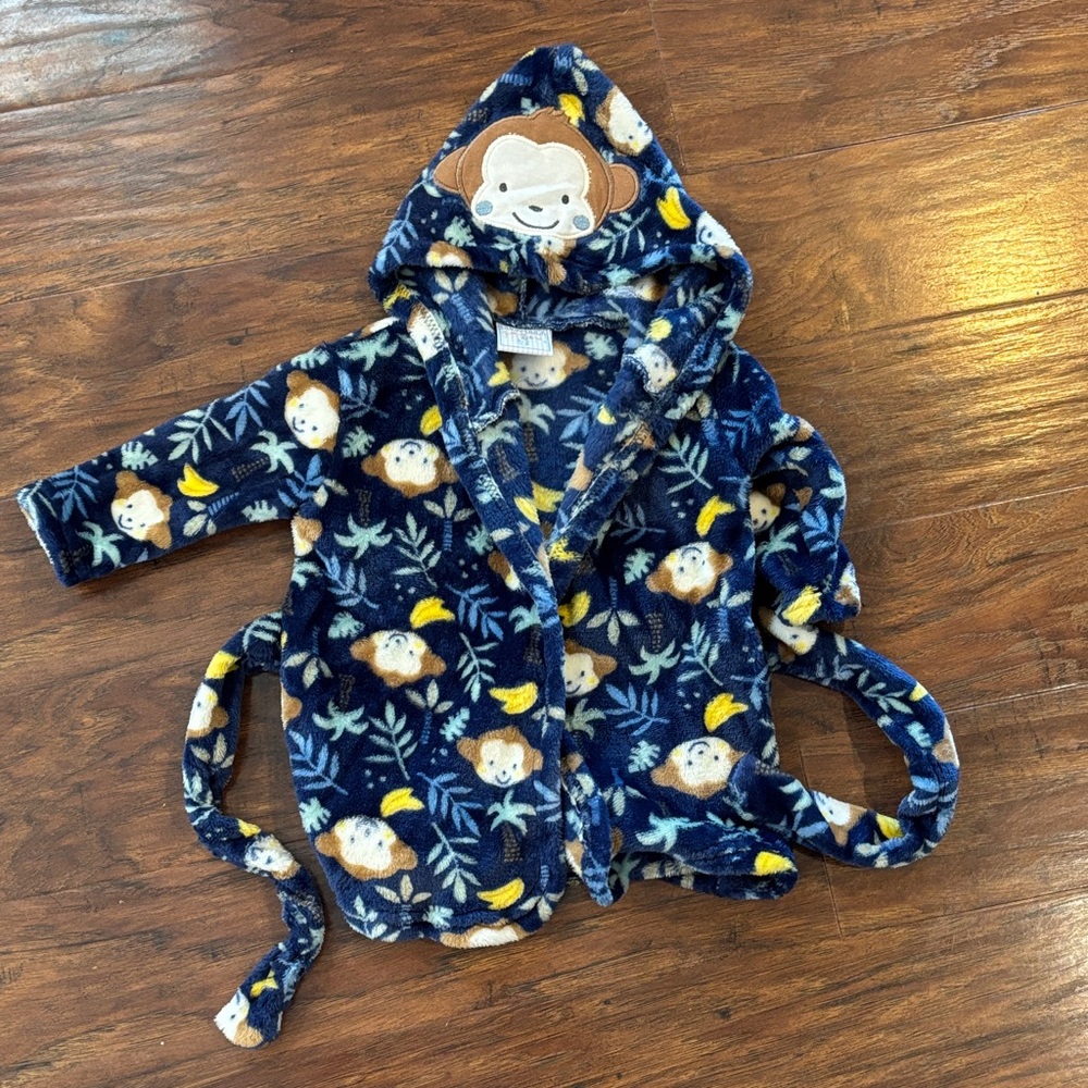 Kids Monkey Hooded Robe - Navy Plush Bathrobe